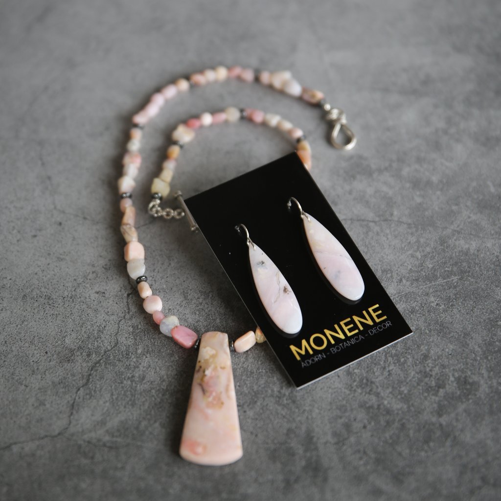 Peruvian Pink Opal, Hematite And Sterling Necklace And Earrings Set